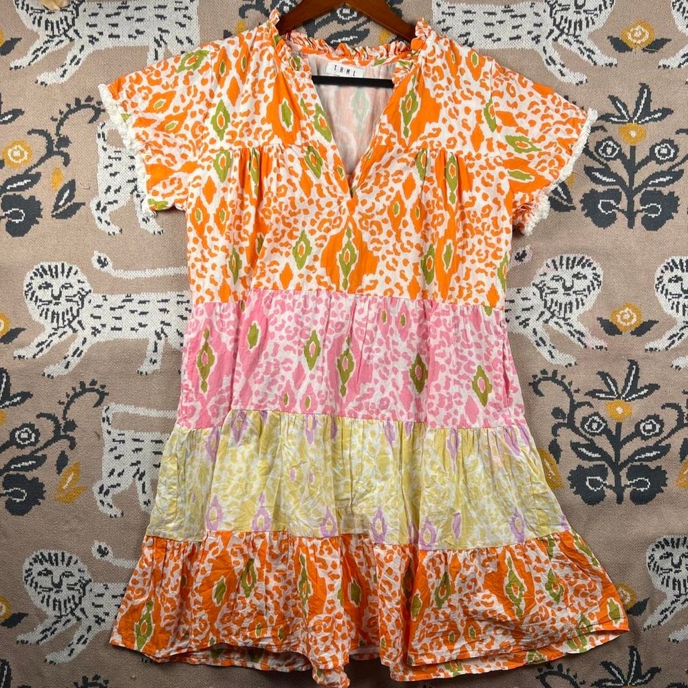 THML Sz L Mini Dress Orange Pink Yellow Boho Tiered Colorful